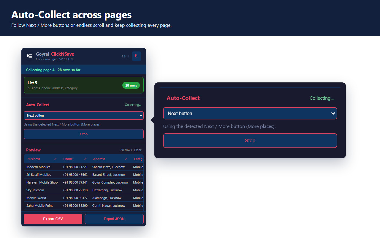 Goyral ClickNSave auto-collecting data across pages
