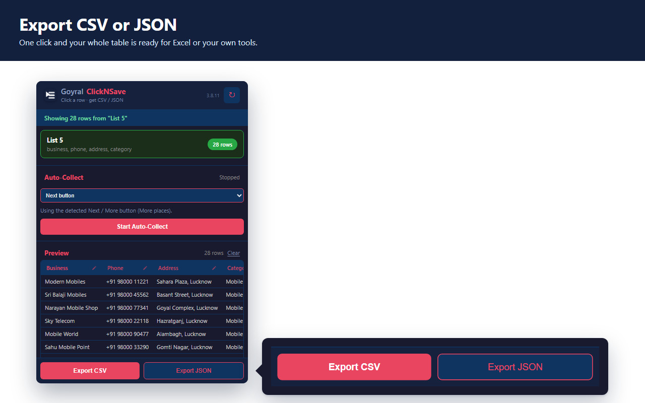 Export the collected data to CSV or JSON