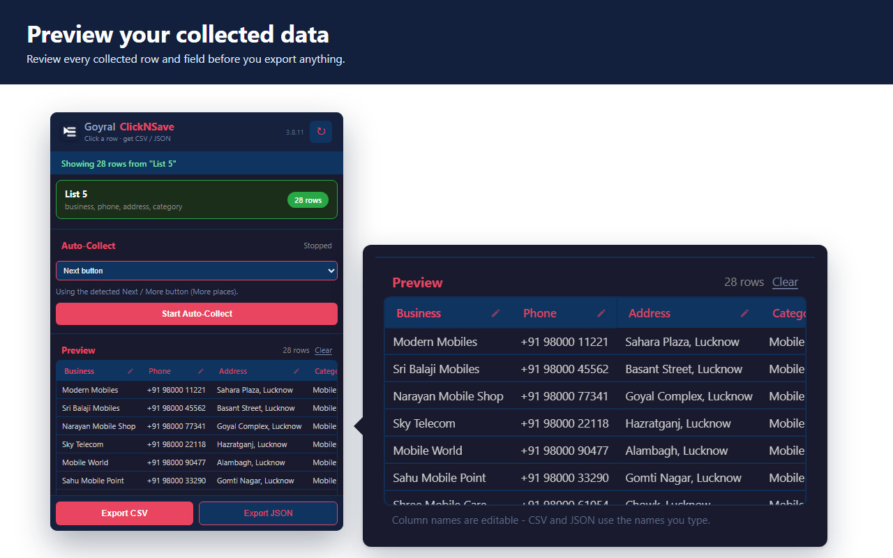 Preview of the collected rows inside the Goyral ClickNSave popup