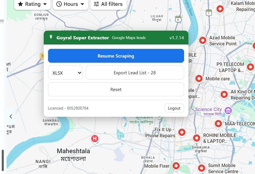 Goyral Super Extractor popup resuming the scrape and exporting 28 collected rows to XLSX