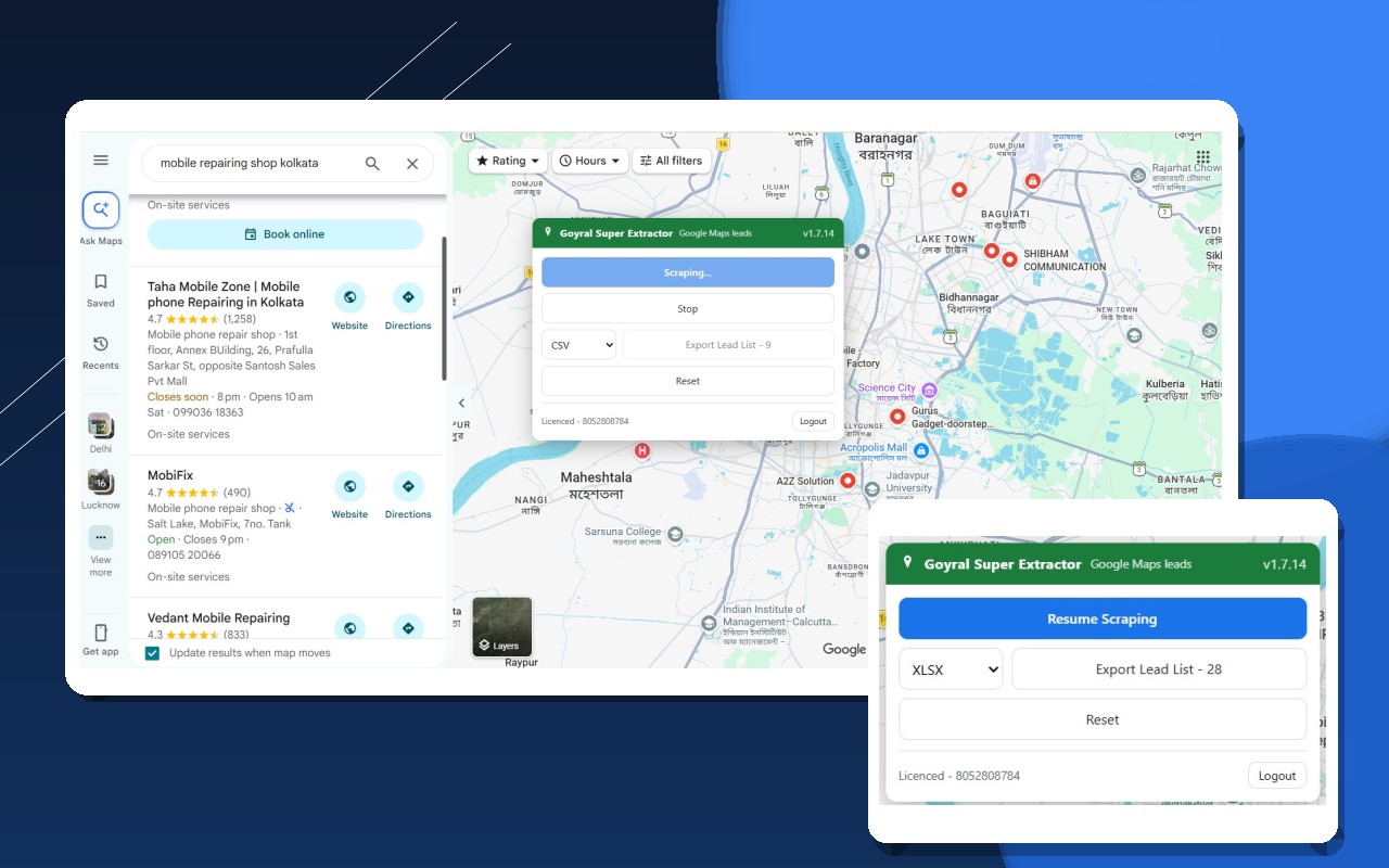 Goyral Super Extractor reading a Google Maps result list and exporting 28 collected leads to XLSX