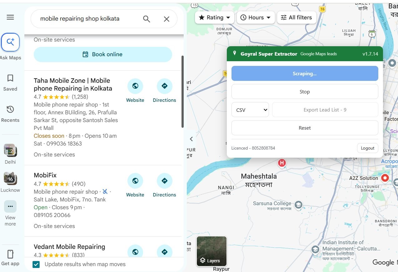 Goyral Super Extractor scraping mobile repair shops from a Google Maps search, with the Export Lead List set to CSV